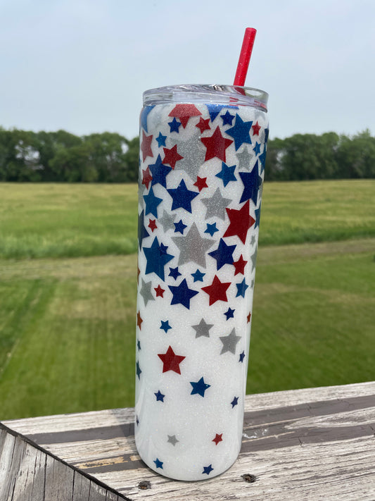 Patriotic Glitter Tumbler | Red, White, Blue and Silver Star Mug