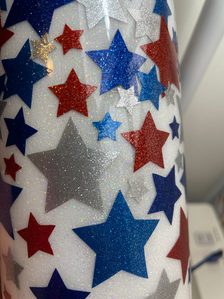 Patriotic Glitter Tumbler | Red, White, Blue and Silver Star Mug