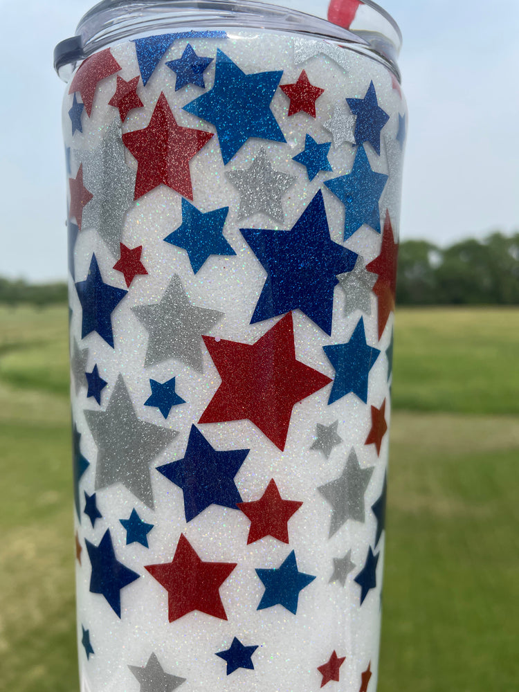 Patriotic Glitter Tumbler | Red, White, Blue and Silver Star Mug