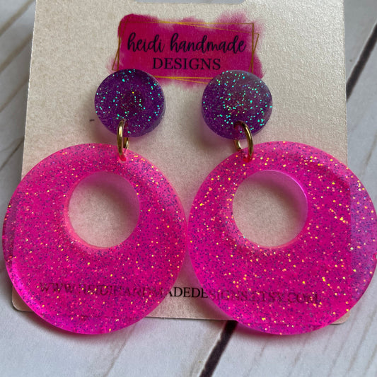 Pink and Purple Mod Glitter Dangle Earrings