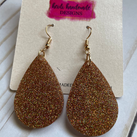 Deep Gold Glitter Teardrop Dangle Earrings