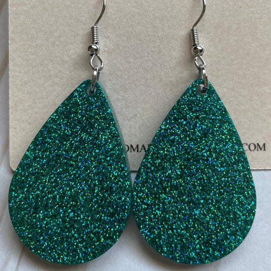 Teal Glitter Teardrop Dangle Earrings