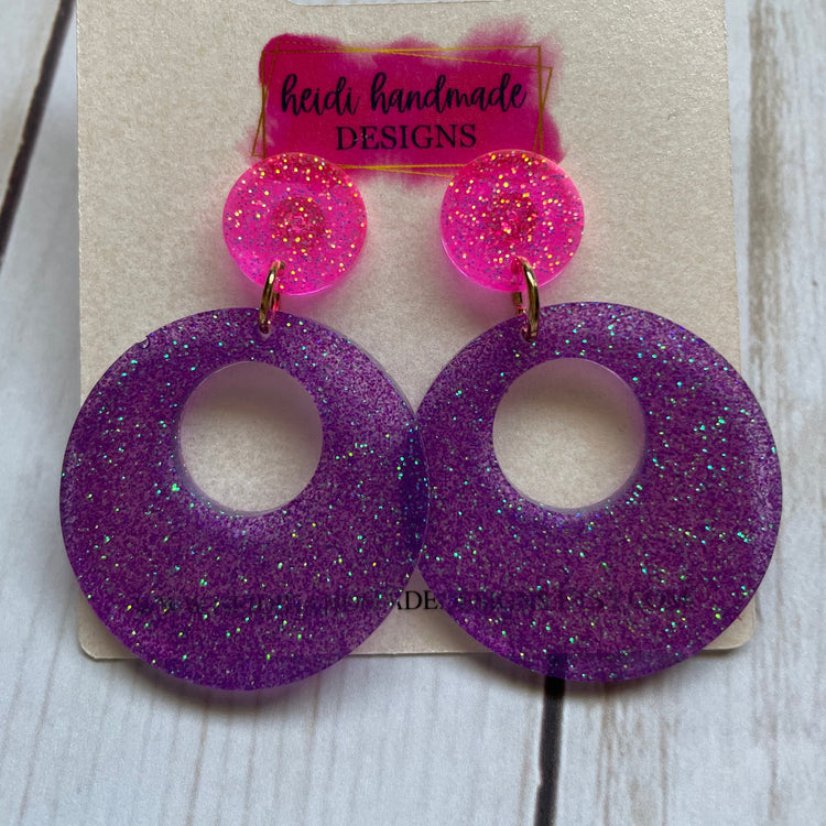 Pink and Purple Mod Glitter Dangle Earrings