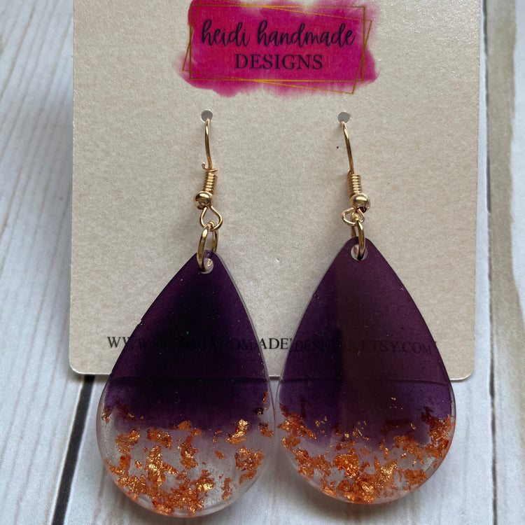 Purple and Rose Gold Flake Teardrop Dangle Earrings