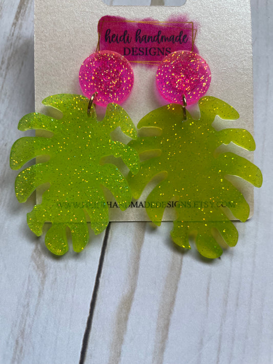 Glitter Palm Leaves Dangle Earrings | Lime and Pink