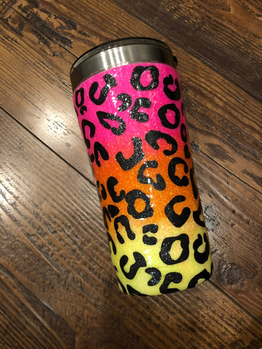 Neon Ombre Glitter Cheetah Print Tumbler | Personalized Travel Mug | Custom Tumbler | Rainbow Drinking Cup |