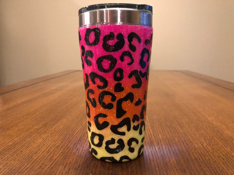 Neon Ombre Glitter Cheetah Print Tumbler | Personalized Travel Mug | Custom Tumbler | Rainbow Drinking Cup |