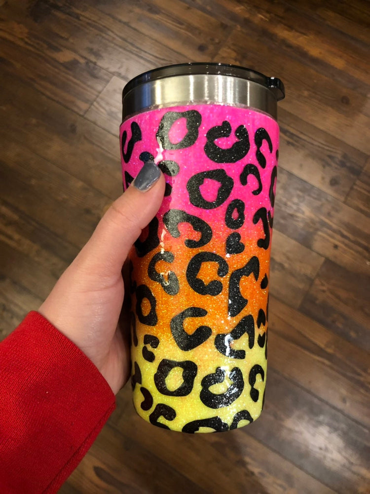 Neon Ombre Glitter Cheetah Print Tumbler | Personalized Travel Mug | Custom Tumbler | Rainbow Drinking Cup |