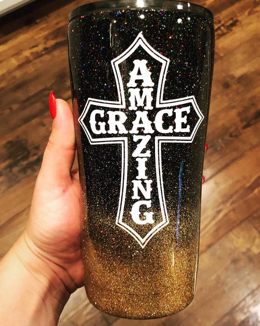 Amazing Grace Cross Holographic Glitter Tumbler