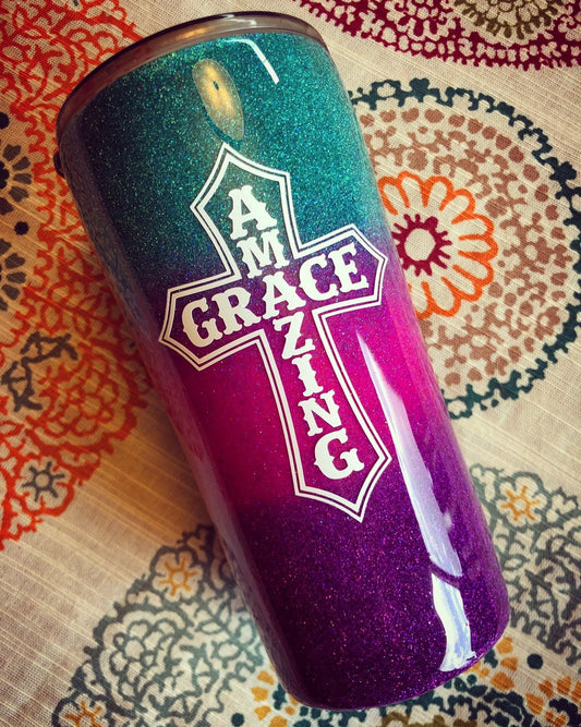 Amazing Grace Cross Holographic Glitter Tumbler