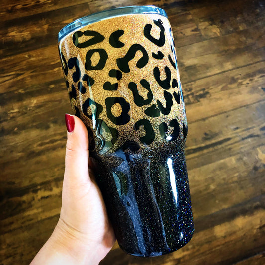 Gold and Black Ombre Glitter Cheetah Print Tumbler