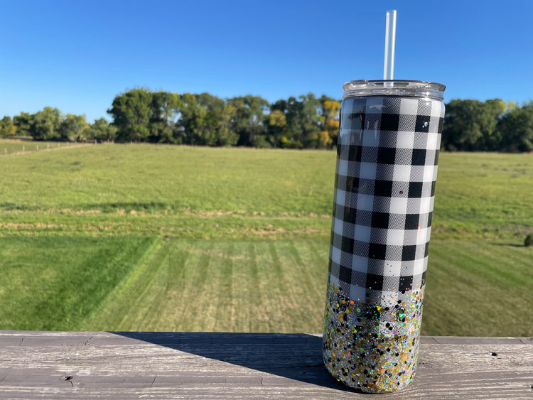 Black and White Buffalo Plaid Glitter Tumbler