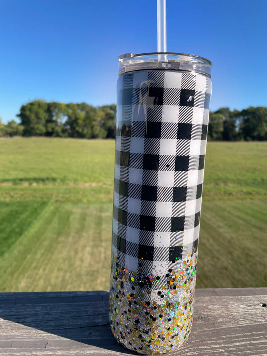 Black and White Buffalo Plaid Glitter Tumbler