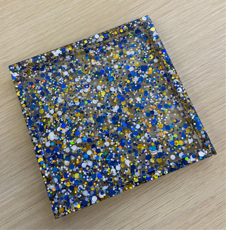 Blue, Gold, White Glitter Square Coaster