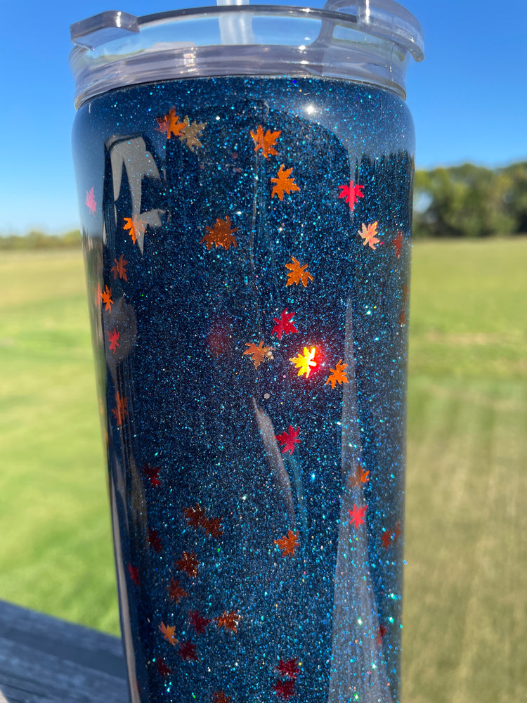 Navy Fall Leaves Glitter Tumbler