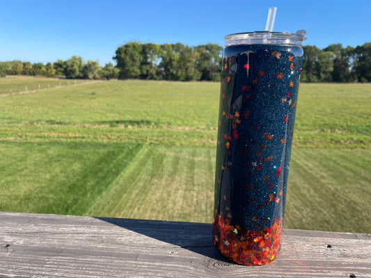 Navy Fall Leaves Glitter Tumbler