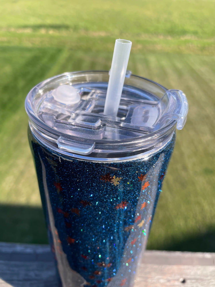 Navy Fall Leaves Glitter Tumbler