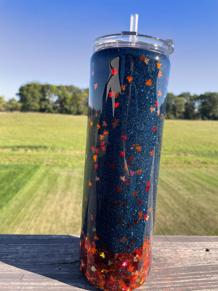 Navy Fall Leaves Glitter Tumbler