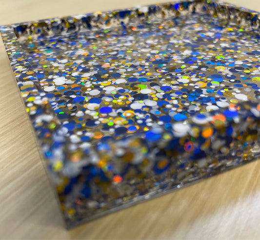 Blue, Gold, White Glitter Square Coaster