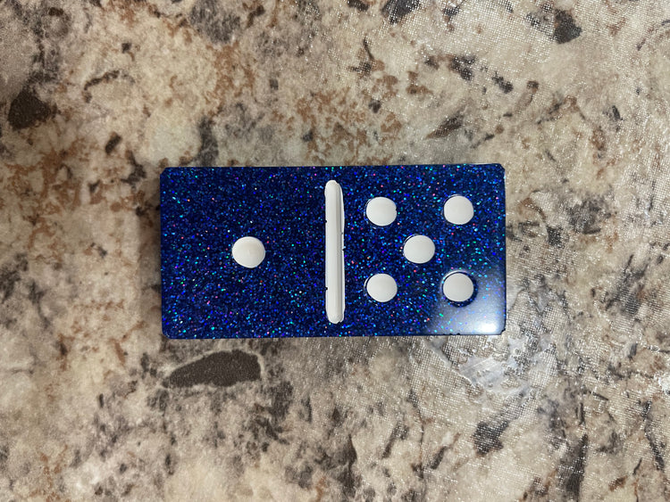 Blue Holographic Glitter Dominoes | Standard Set of Double Six