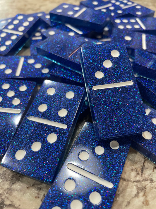 Blue Holographic Glitter Dominoes | Standard Set of Double Six