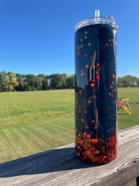 Navy Fall Leaves Glitter Tumbler